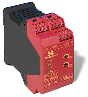 right: Figure 4. Shown here is an Omron SR125SMS45 stop- motion safety relay that tracks when connected motors have come to a complete stop. (Image source: Omron  Automation and Safety)
